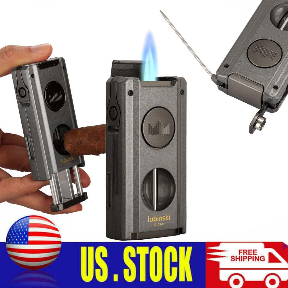 Gray Windproof Cigar Torch Lighter V-cut 2 Jet Flame Punch Holder Needle Gift