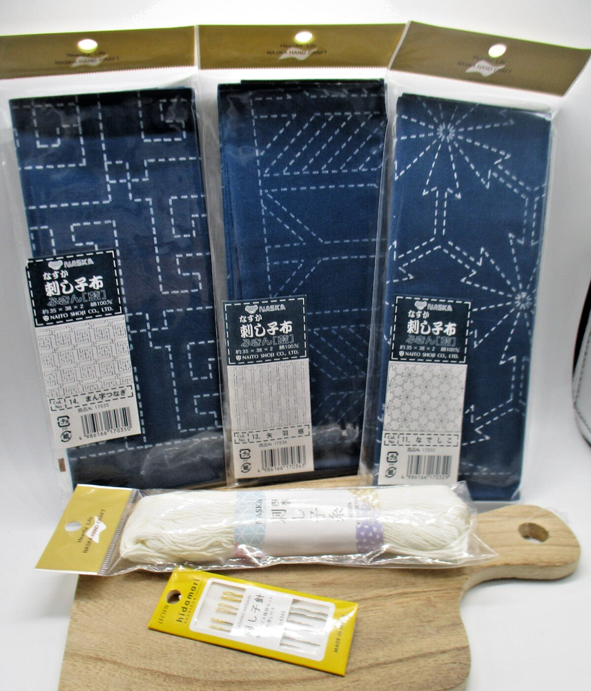 STARTER SET Naska SASHIKO Kit cut cloth Navy 3pcs Pattern C with Needle Thread