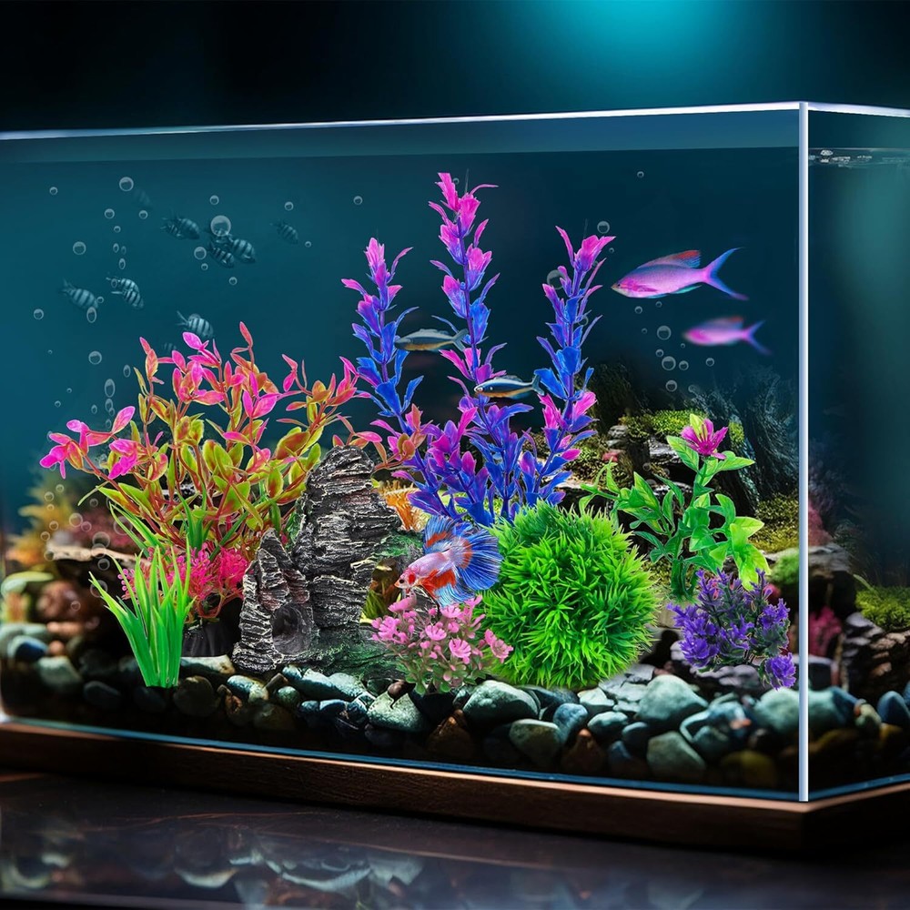Ameliade Aquarium Decorations Fish Tank Artificial Plastic Plants & Cave Rock De