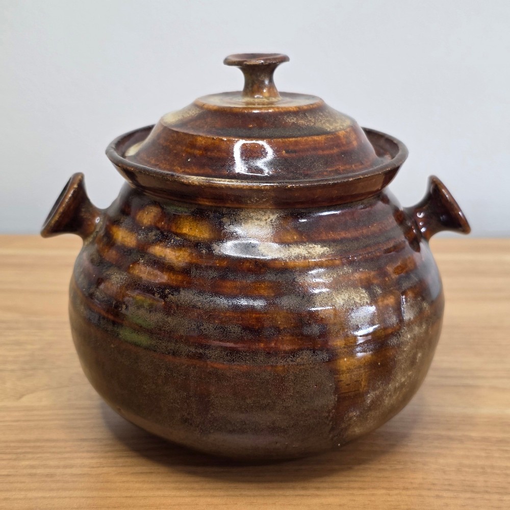 Vintage Pot with Lid Handcrafted Rustic Brown Ceramic Kitchenware