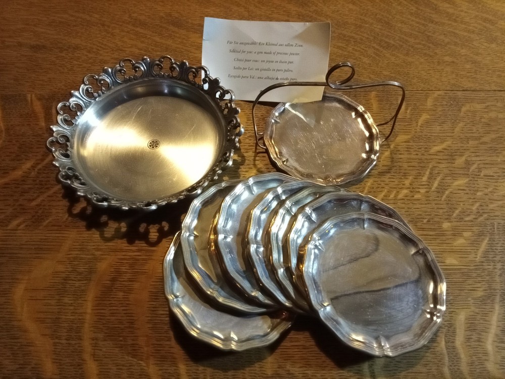 Vintage Fine Pewter Set, 10 Stackable Round Coasters with Holder