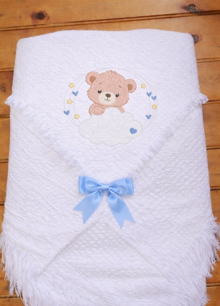 Boy Teddy On Cloud Personalised Name WHITE Baby's Shawl or plain