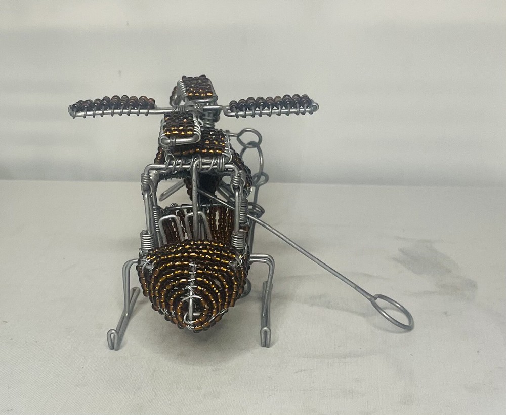 Wire Beeded Sculpture Model Brown Helicopter . Functional Propellers !