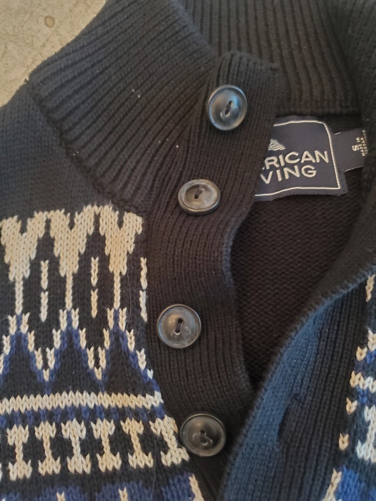 American Living black pattern men's button up sweater size Small