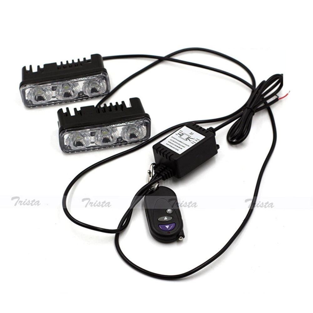 2PC 3LED White Car DRL Daytime Running Light Remote Control Strobe Flash Warning
