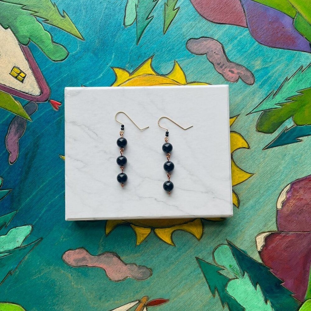 Black Round Bead Dangle Drop Earrings