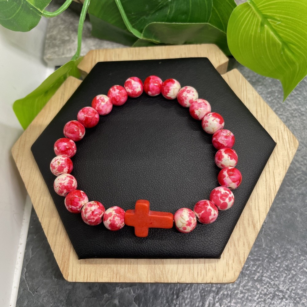Handmade Beaded Stackable 6.5” Plus Stretch Bracelet Stone Cross New B6283