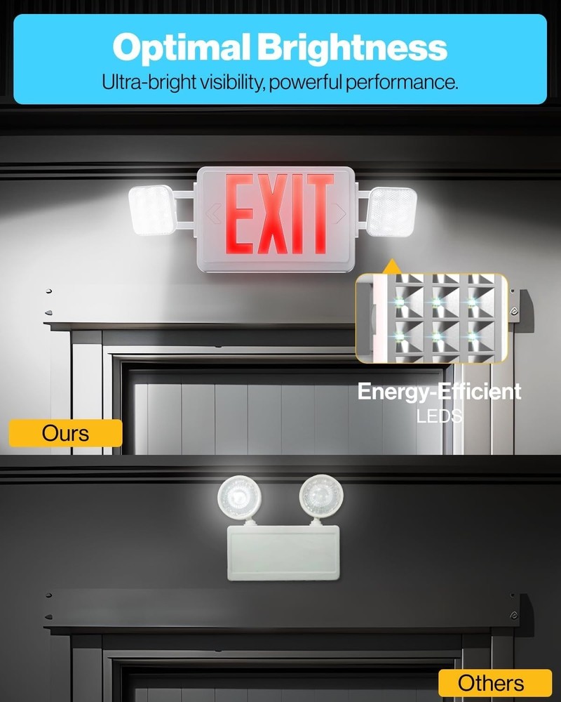 Sunco Red Exit Sign w Two Adjustable Square LED Emergency Lights 94V-0 Fire Resi