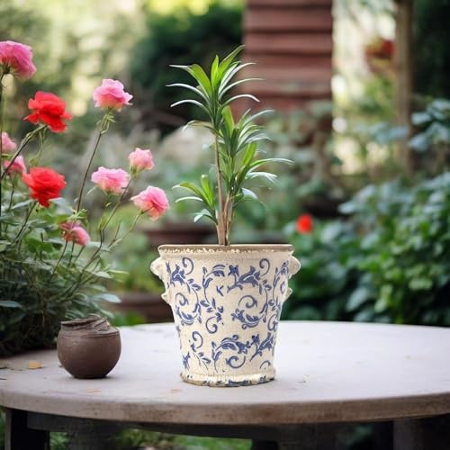 Vintage Planter Flower Pot Rustic Container with Handle Ceramic Ice Crack Blue