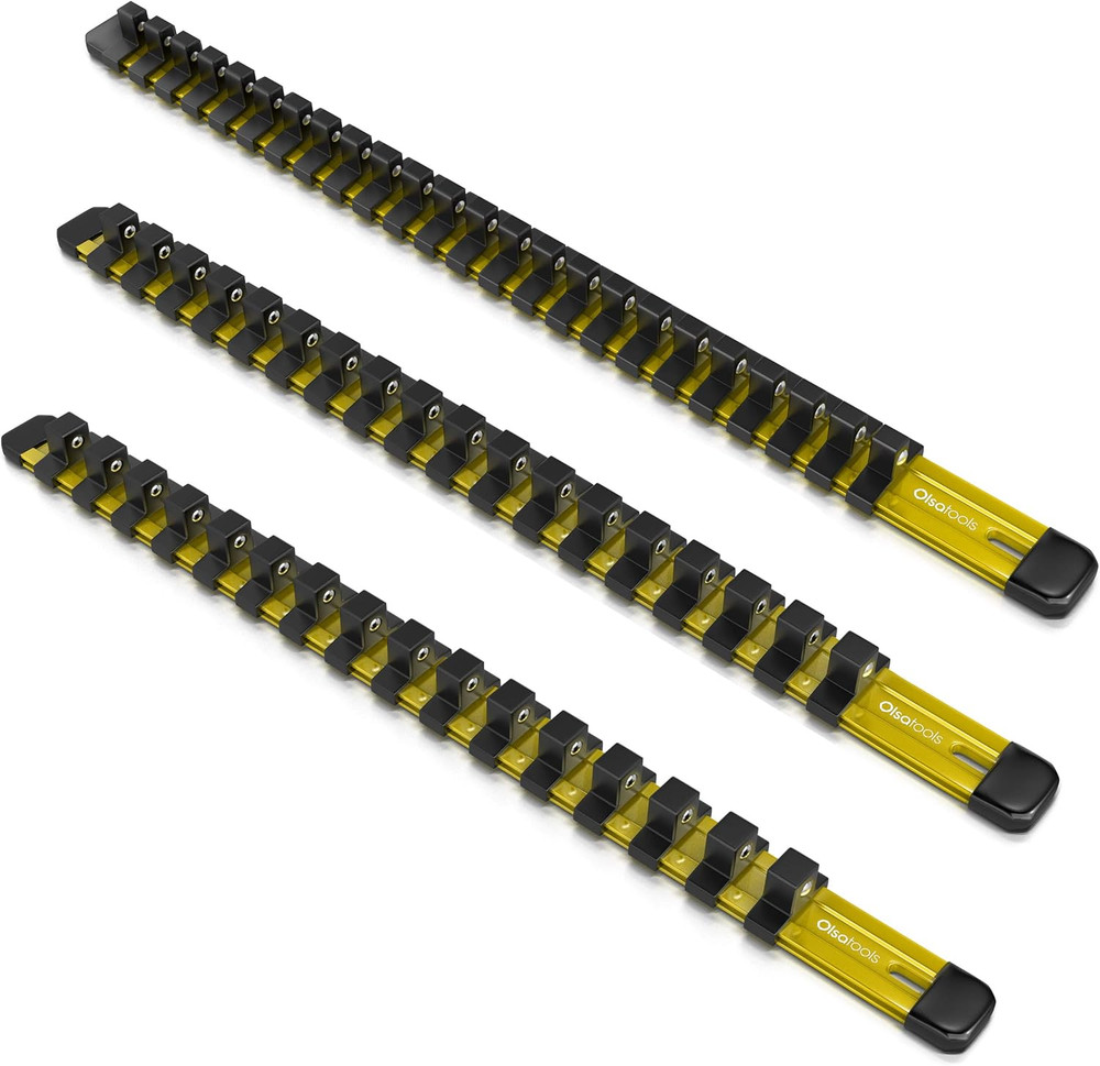 Olsa Tools Aluminum Socket Organizer, 3Pc Set - Yellow Socket Holder Kit 1/2-Inc