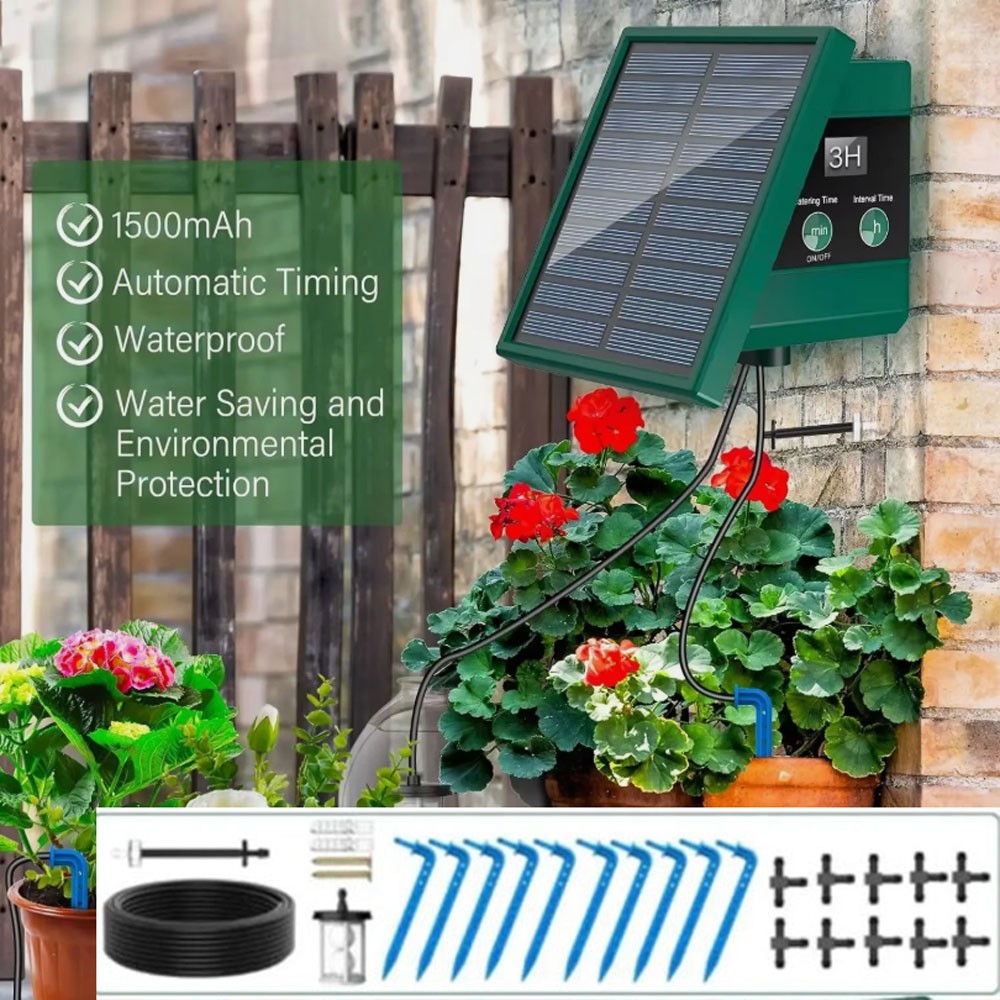 1 SET Solar Automatic Drip Irrigation System for Garden with Timer & Hose