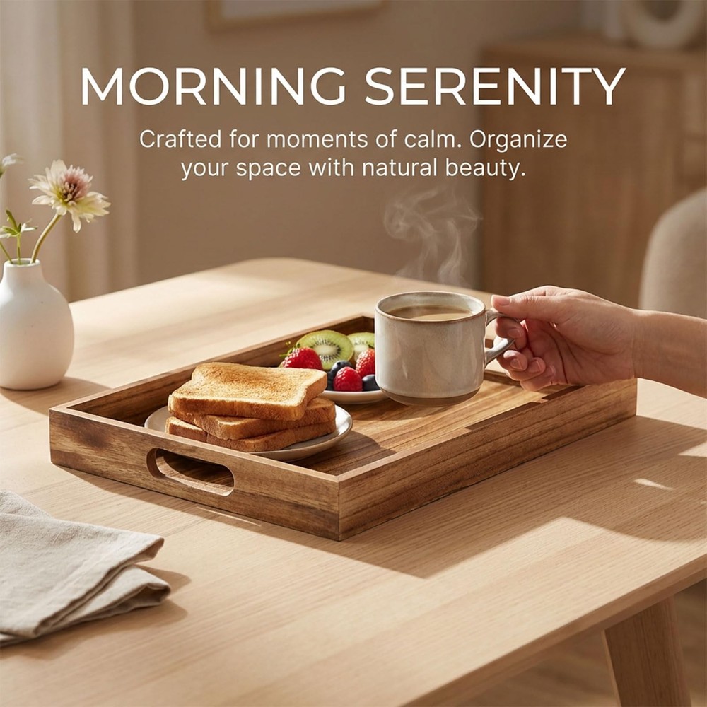 Wooden Serving Tray with Handles, Rustic Brown Rectangular Serving Platter 15...