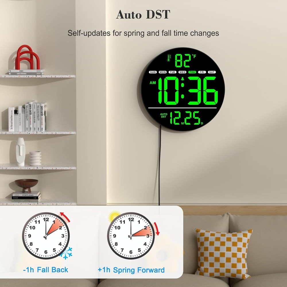 Digital Wall Clock with Large LED Display, Auto-Brightness, Temperature, Low-...