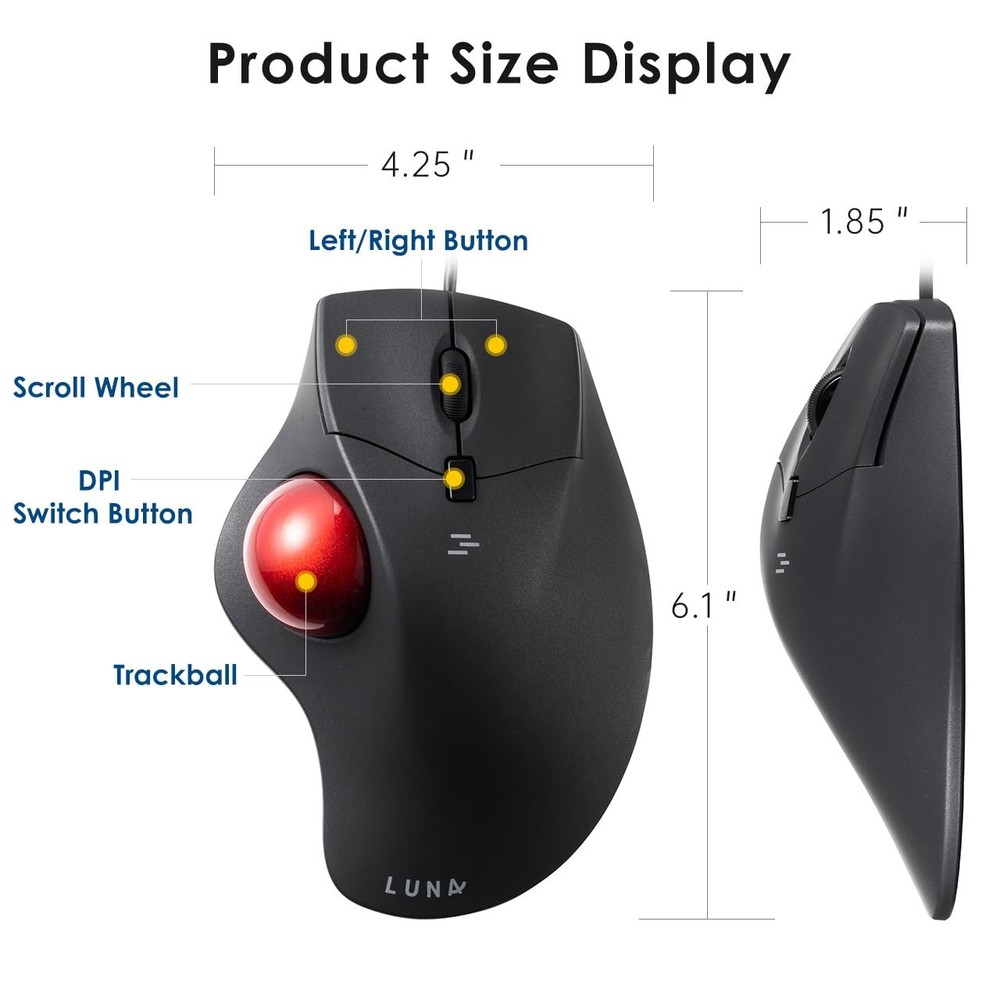 Wired Trackball Mouse Ergonomic Optical Rollerball 40mm Silent Programmable