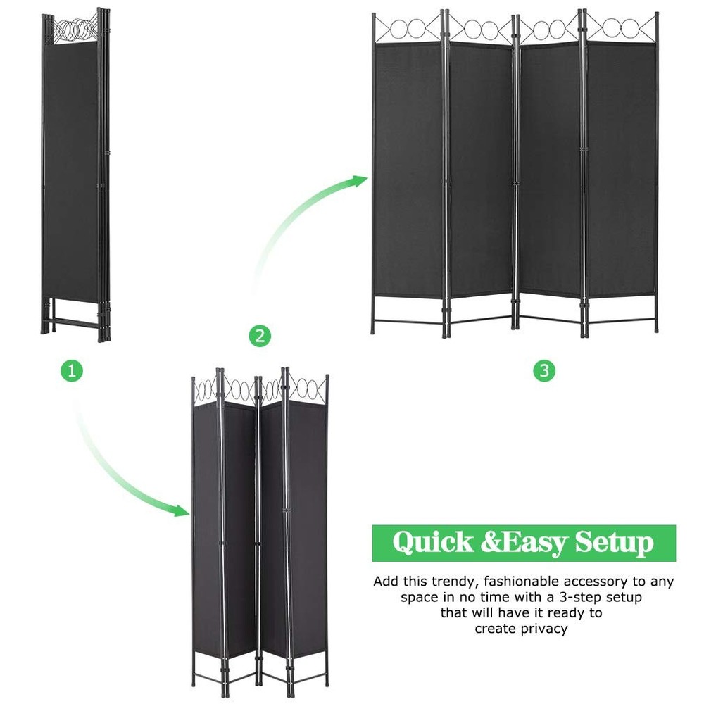 4 Panel Room Divider 6.8FT Steel Frame Screen Folding Privacy Black