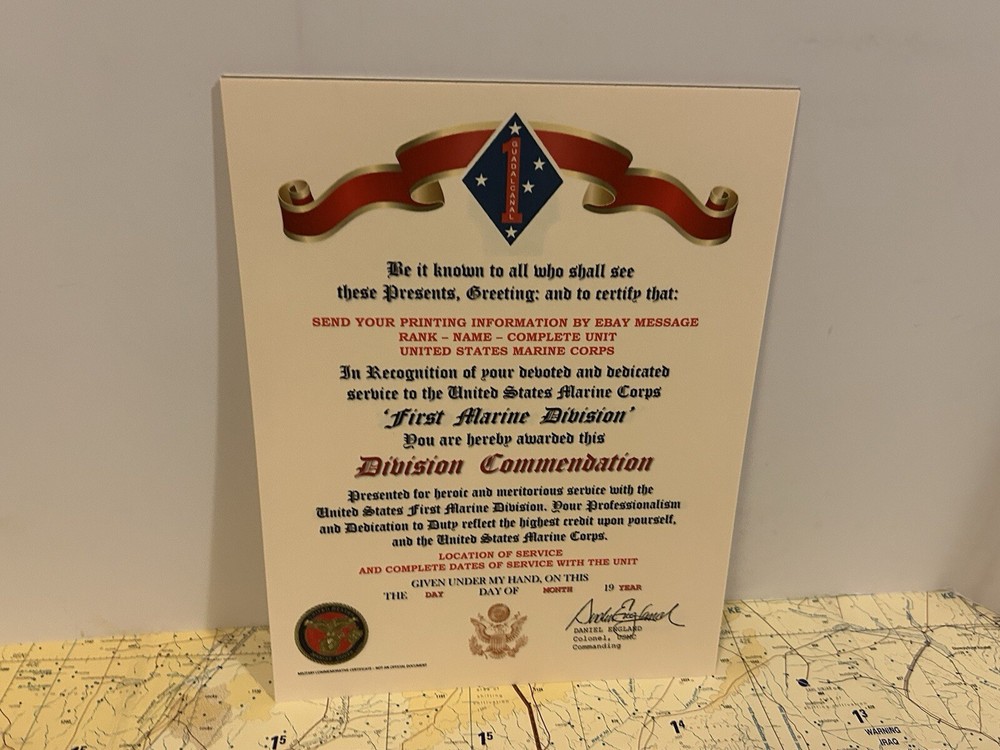 U.S.M.C. / FIRST MARINE DIVISION ~ DIVISION COMMENDATION REPLACEMENT CERTIFICATE