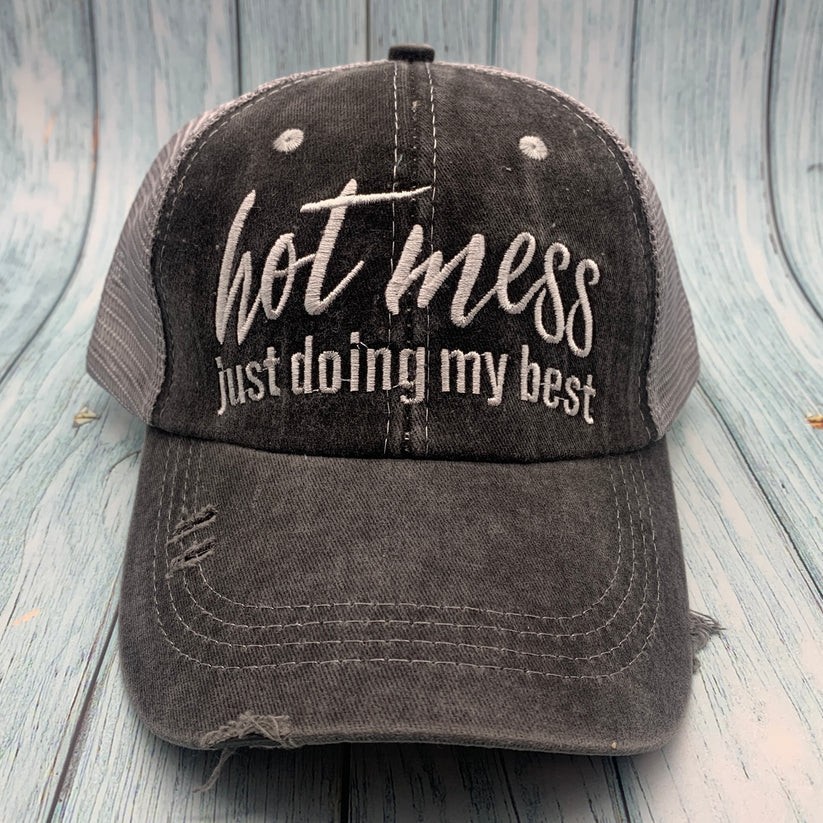 Hot Mess Ponytail Hat – Distressed Criss-Cross Baseball Cap