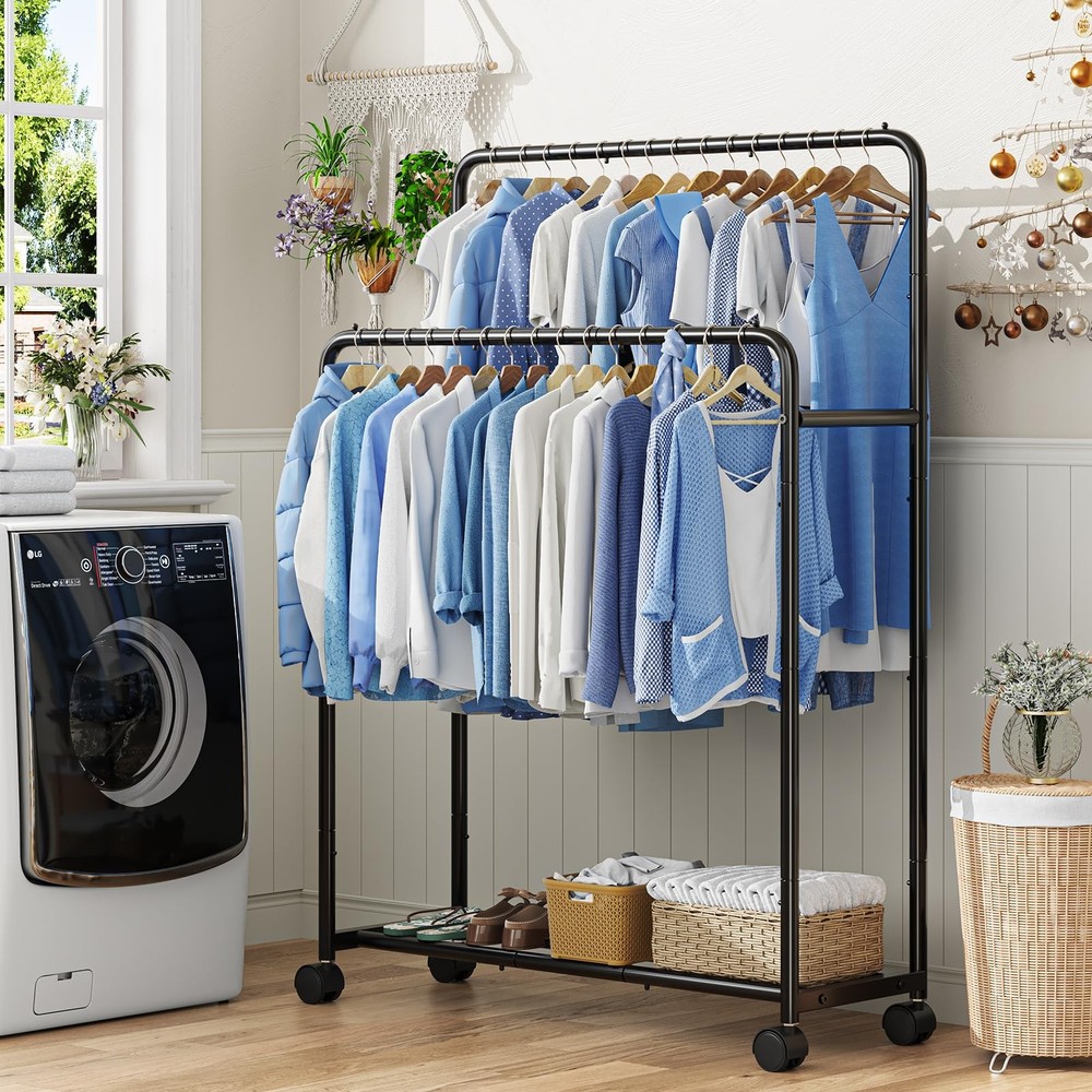 Double Rod Clothes Rack Rolling Garment Rack Black