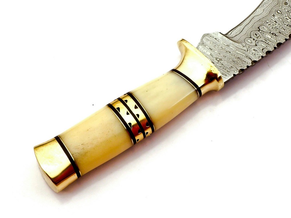 Damascus Kukri Knife Exotic Camel Bone and Brass Handle Ladder Pattern Sharp 17