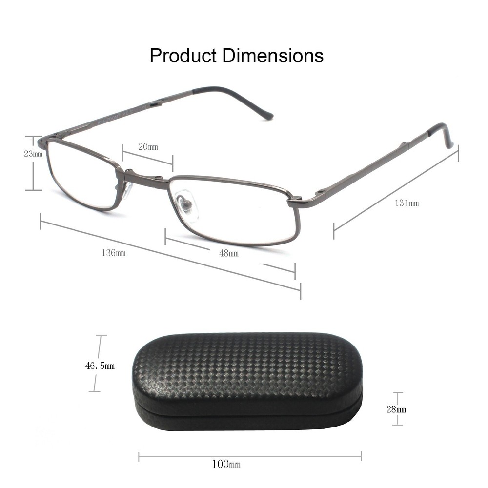 EYEZOOM Compact Rectangular Metal Folding Reading Glasses with Leather Case