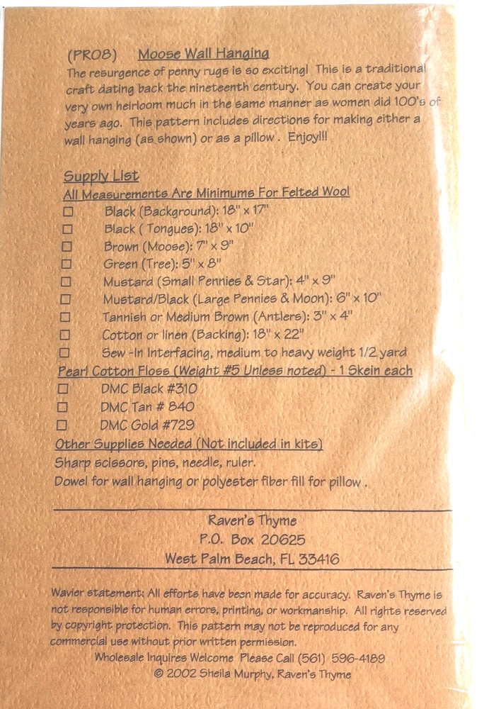 Raven's Thyme Moose Wall Hanging Pattern 16”x20” UNCUT