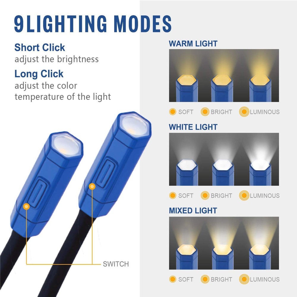 Lightweight Neck Reading Light 3 Colors 9 Brightness Rechargeable