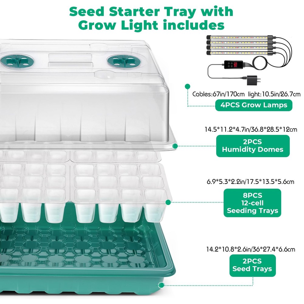 Starter Tray with Grow Light, 96-Cell Starter Kit, Seedling Starter Trays wit...