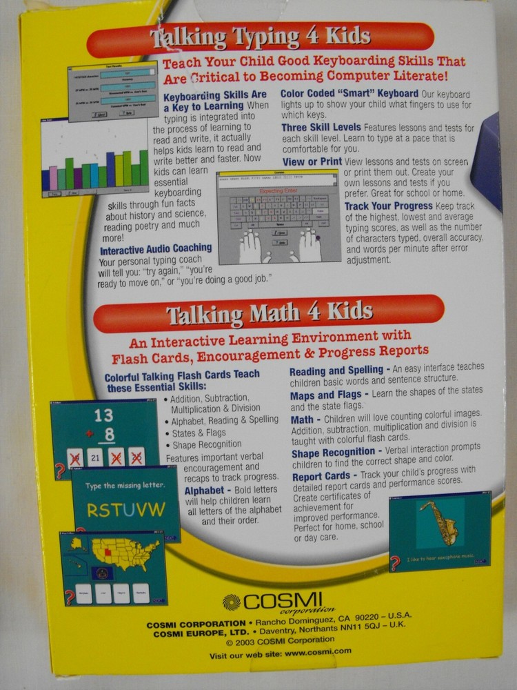 Cosmi Talking Typing for Kids (PC, 2003) in Box - Includes Talking Math 4 Kids