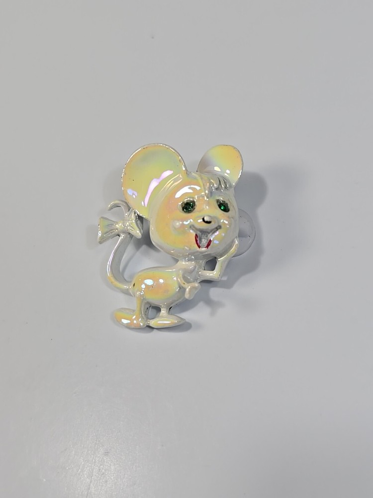 White Mouse Brooch Lapel Pin Iridescent Finish Bow on Tail #2
