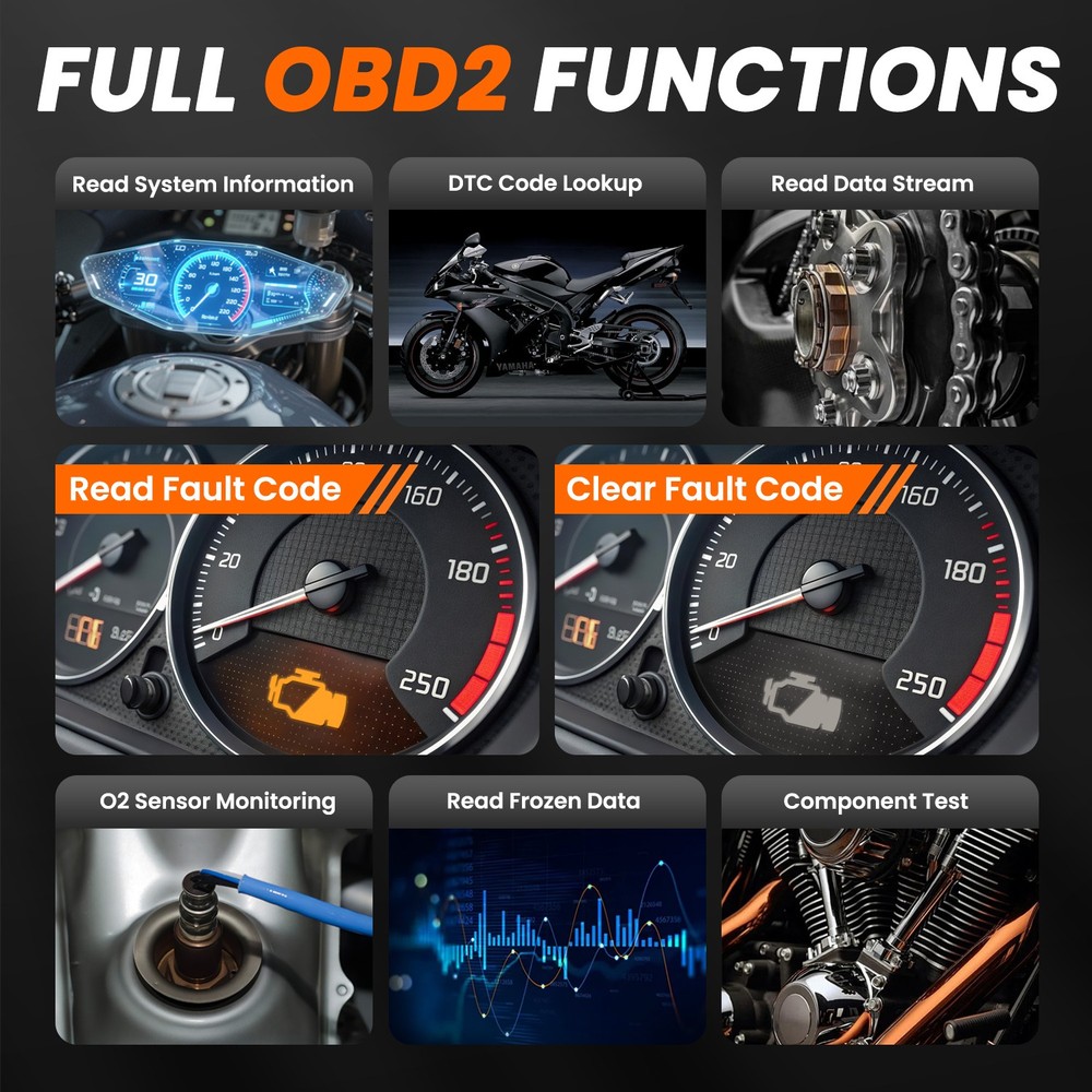 ATV Motorcycle OBD2 Scanner Diagnostic Tool Full System Code Reader +8 Connector