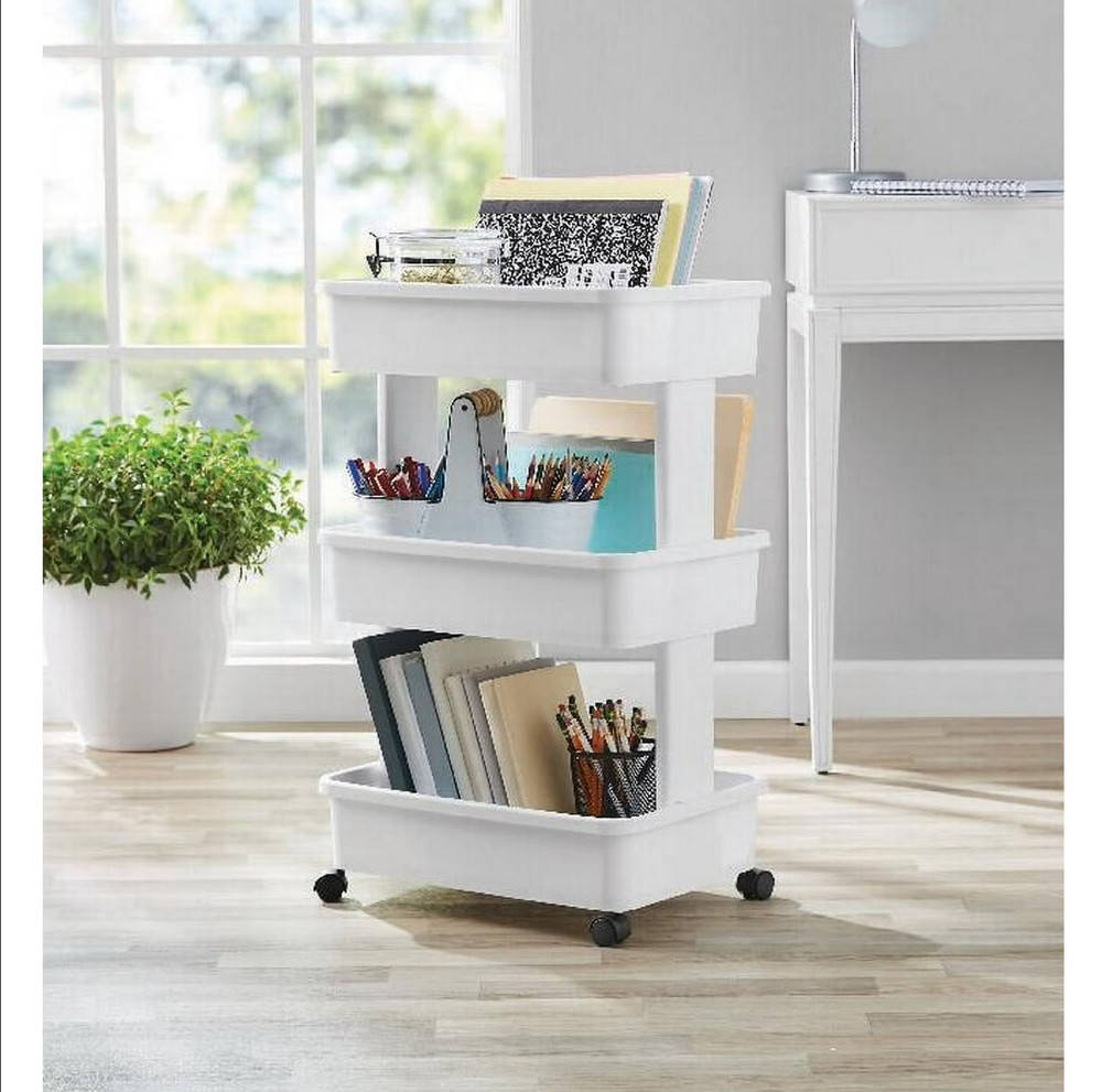 Mainstays 3-Tier Plastic Rolling Laundry Cart, Arctic White