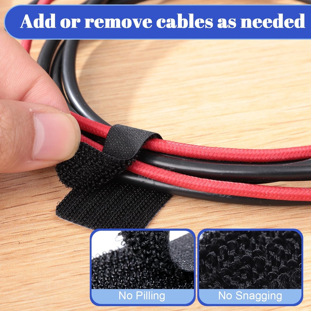 100 PCS Hook Loop Cable Ties - Self-Adhesive Adjustable Cord Organizers, Black