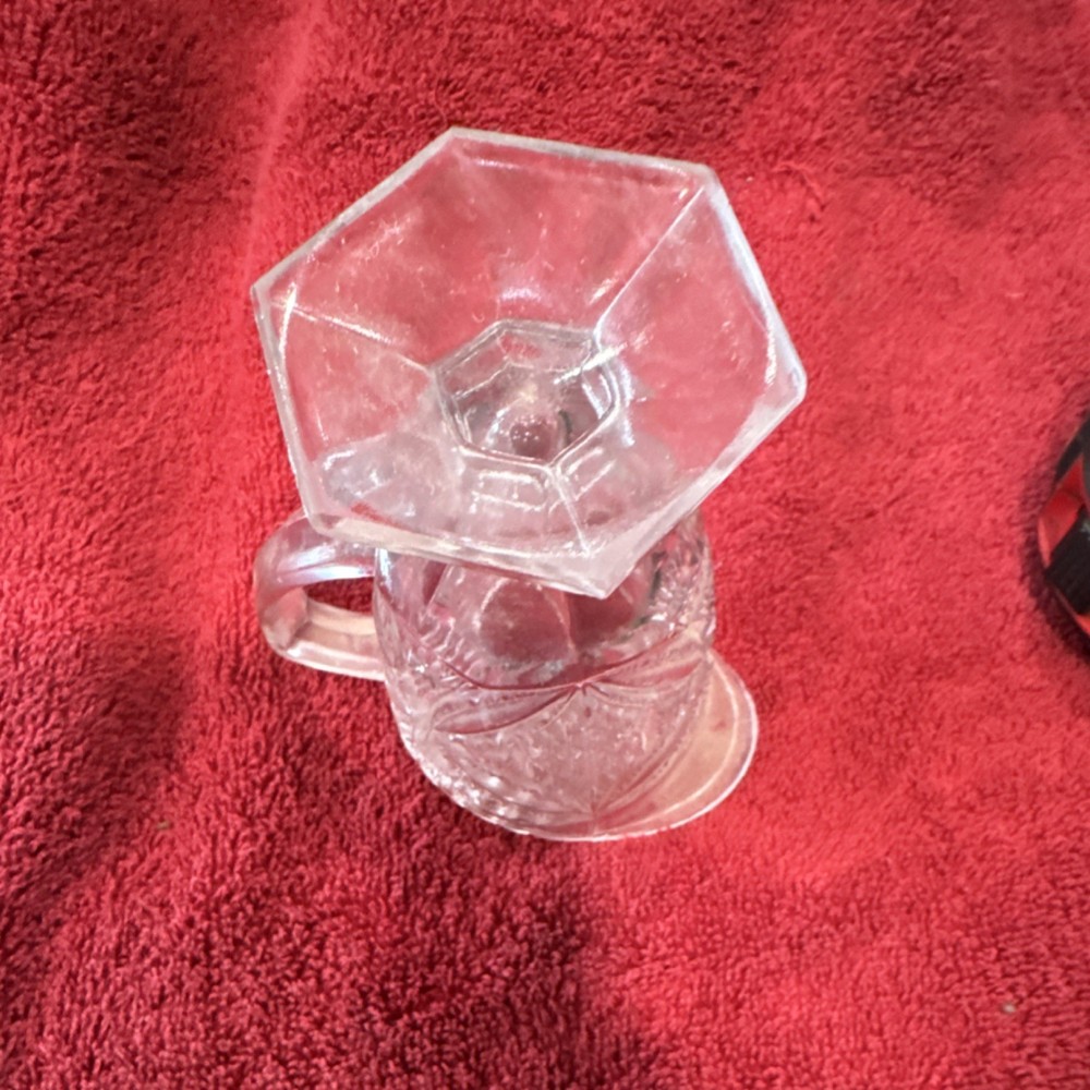 Clear Glossy Pressed Glass Creamer with Handle Hexagonal Base