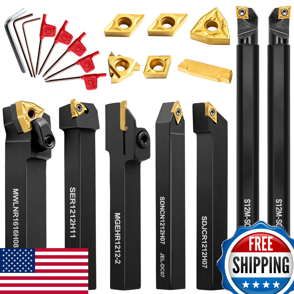 7PCS 1/2" Indexable Carbide Lathe Cutting Tools Inserts Turning Grooving Boring