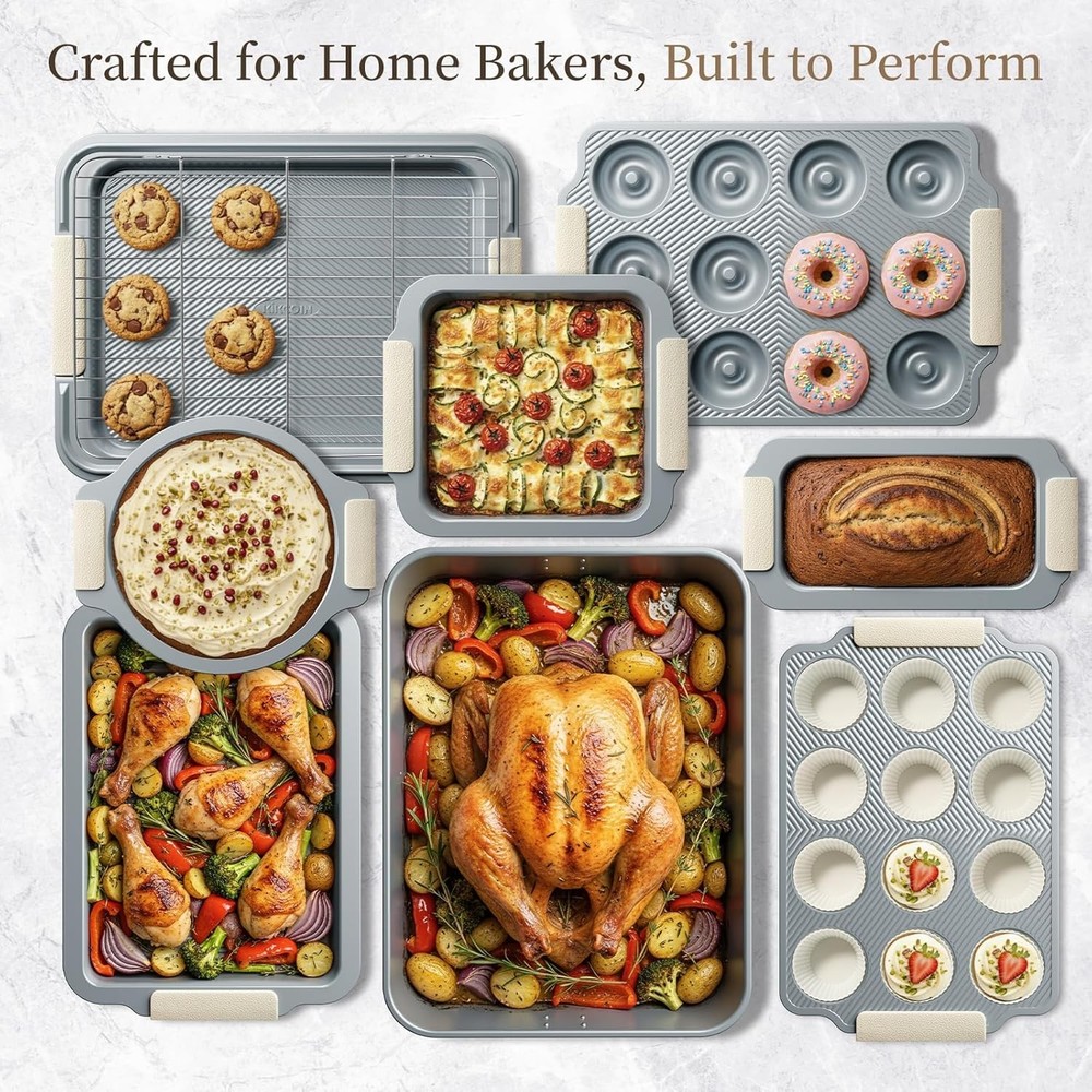 25 PCS Stackable Baking Pans Set Non-stick Bakeware Sets W/ Silicone Handles