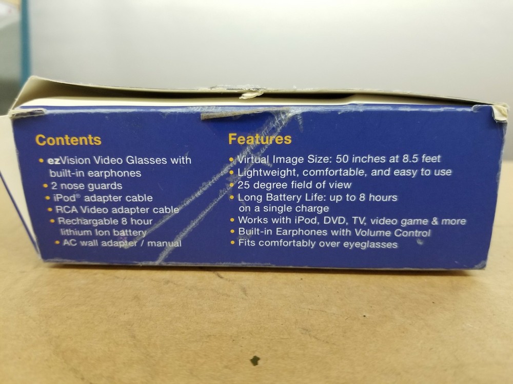 ezVision Video iWear Simulates 50" Screen View Boxed With Instructions. Shelf E4