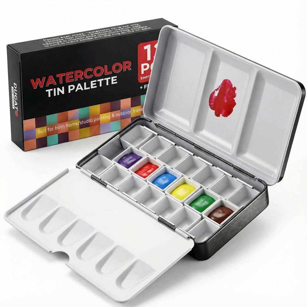 Small Empty Watercolor Palette Tin with Lid - Includes 20 Half Pans, 4 Fold-Out