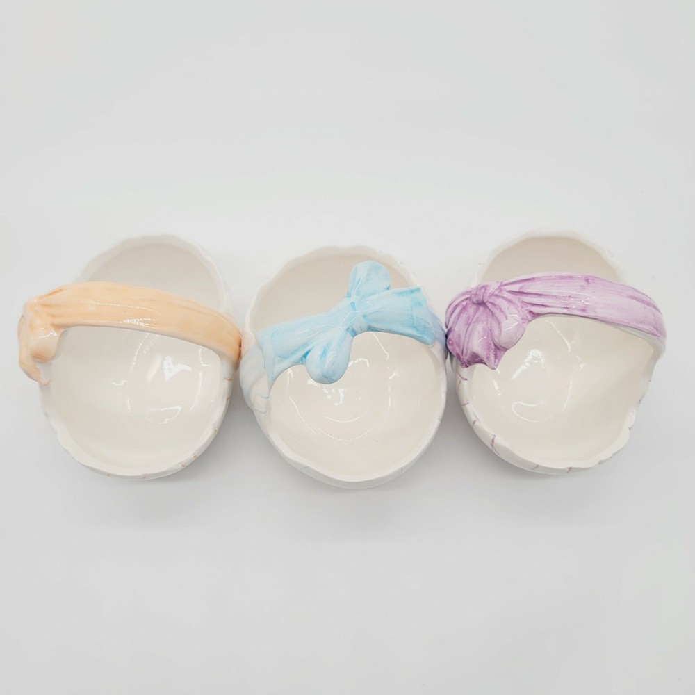 Three Ceramic Easter Egg Baskets Purple Blue Orange Ribbons K's Collection