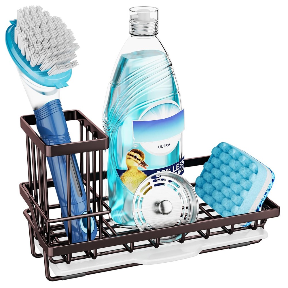 Sink Caddy Organizer with Drip Tray Stainless Steel Sponge Holder Bronze