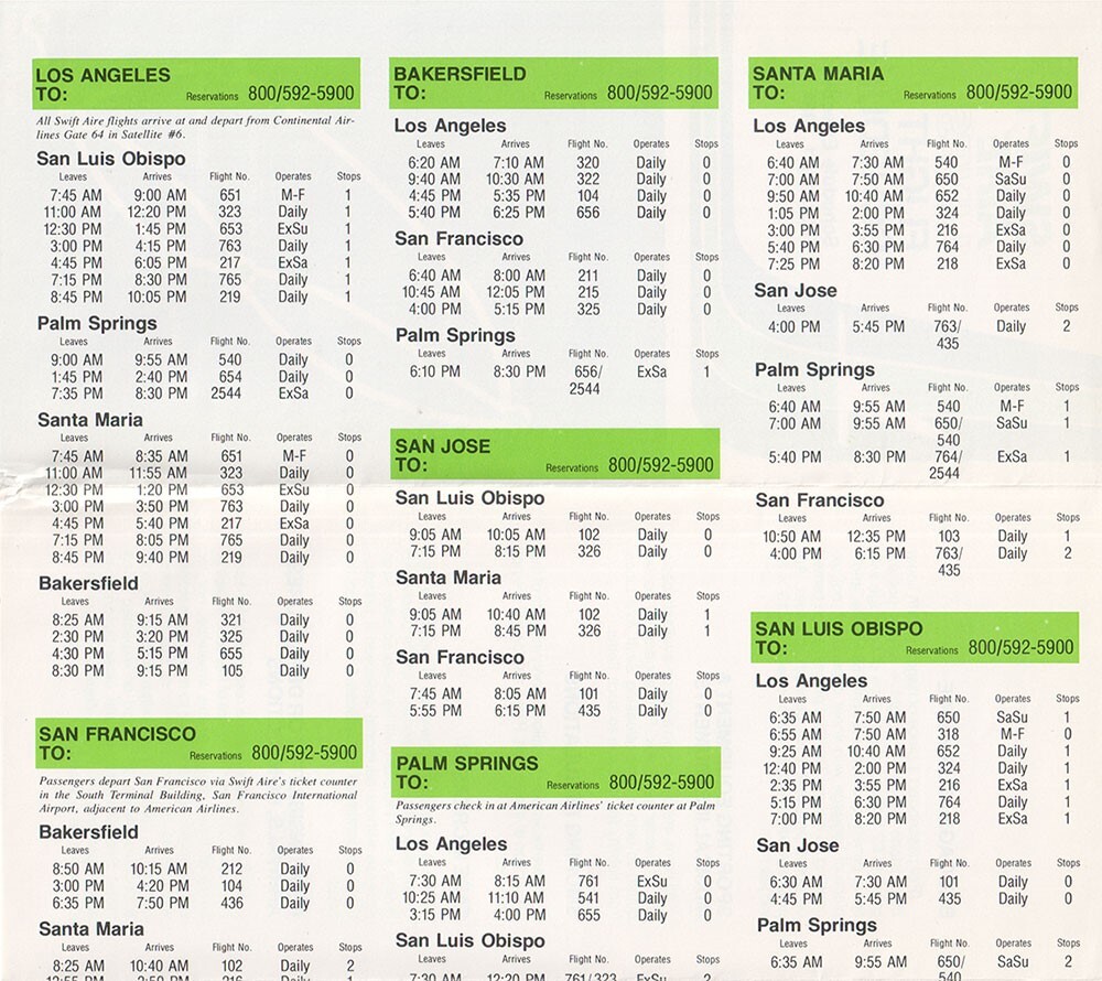 Swift Aire timetable 1981/02/01
