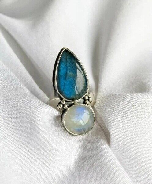 Labradorite Moonstone 925 Sterling Silver Statement Handmade Ring, All Size M272