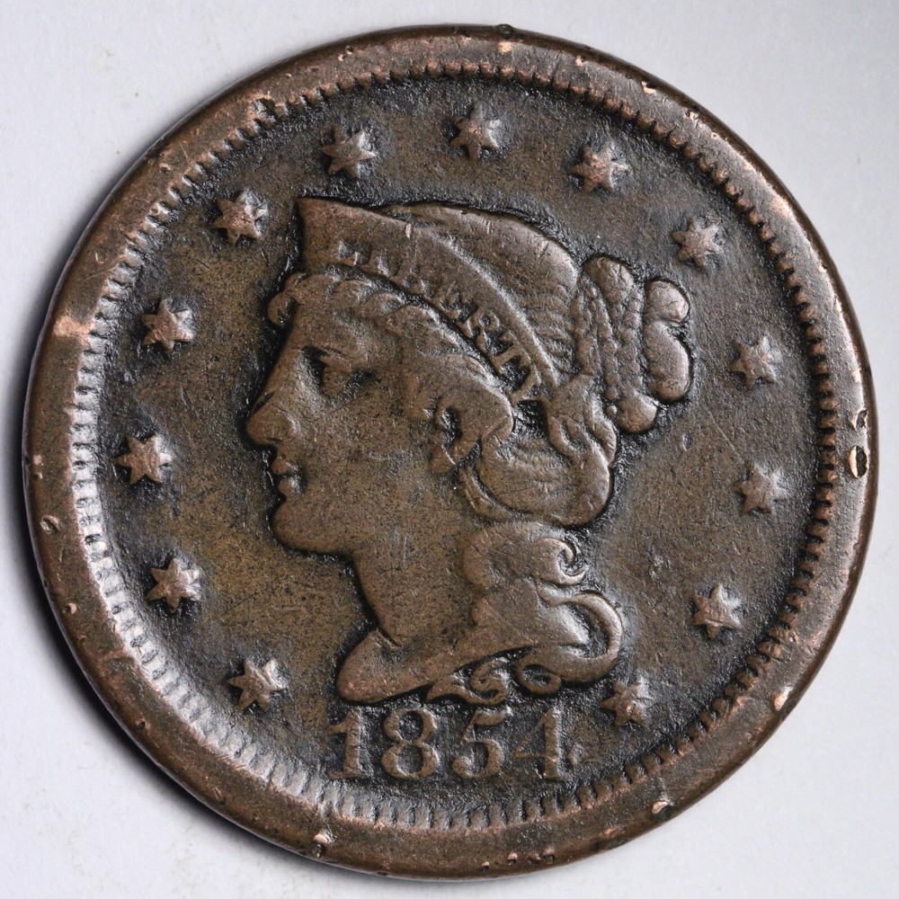 1854 Braided Hair Large Cent CHOICE FINE/VF E212 RCL