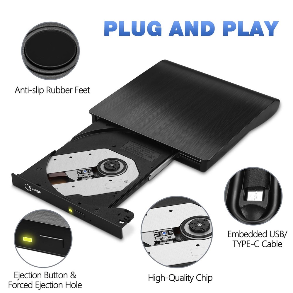 Gotega External DVD Drive USB 3.0 Type 3.0-USB-A & TYPE C (Black), Black