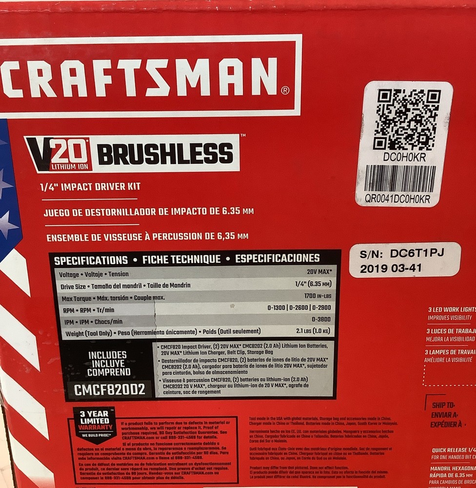 CRAFTSMAN V20 Max Variable Speed Brushless 1/4” Cordless Impact Driver CMCF820D2