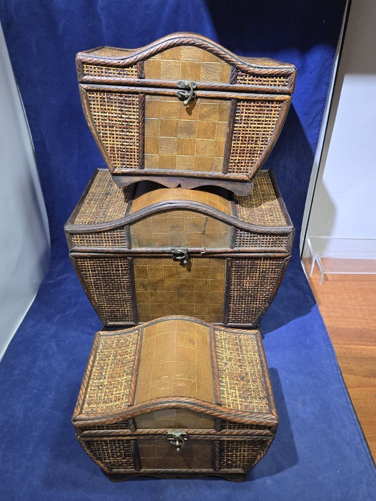 3 Beautiful Wooden Wicker Keepsake Chests, Large, Medium And Small, Stack