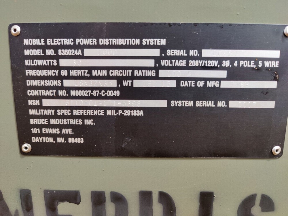 US Generator Distribution System 835024A Mobile Electric Power
