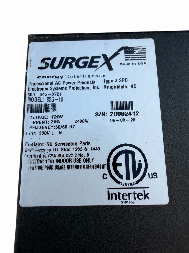 SurgeX SEQ-1U Programmable Sequencer Surge Eliminator 120V/20A Remote Key Lock