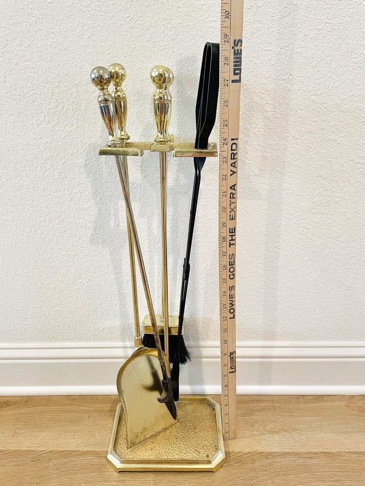 Vintage Brass/Cast Iron Heavy Solid 5-Piece Fireplace Tool & Stand Set