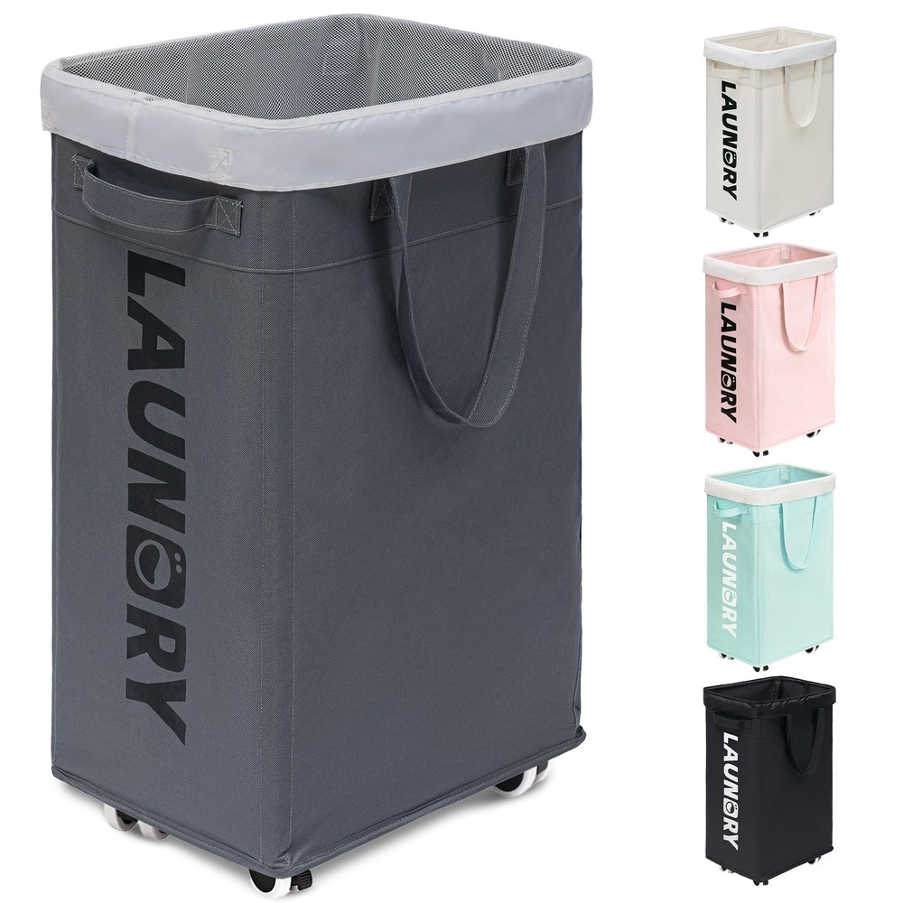 Goodpick Laundry Basket with Wheels, Hamper 75L, Grey 1-Pack