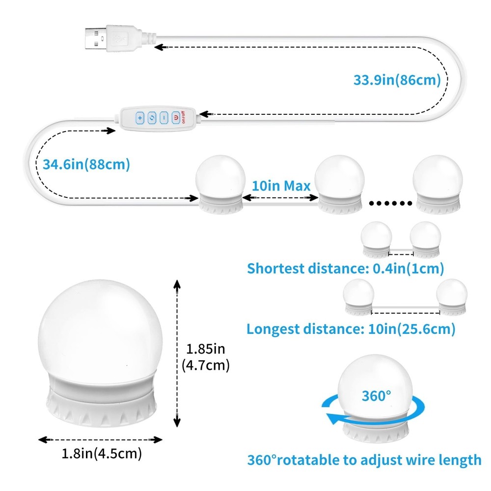 Hollywood Style Mirror Lights, 12 Dimmable Bulbs, Usb Powered, White